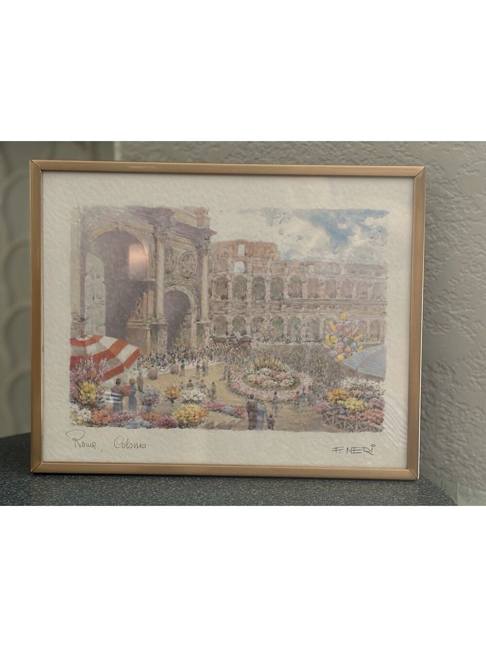 VTG Colosseum Rome Original Print Framed Art Signed F. Neri  Italy EUC
